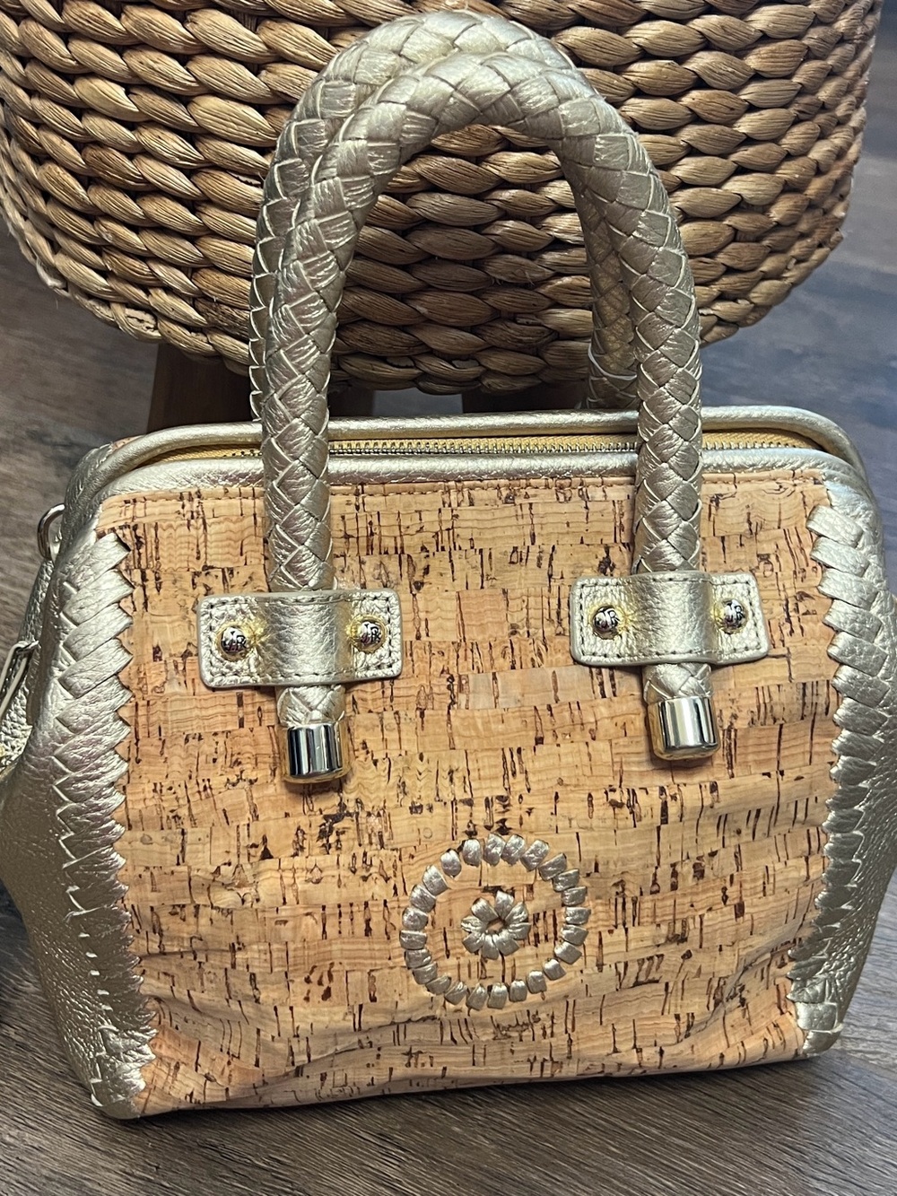 Jack Rogers Gold Trimmed Cork Satchel Bag with Braided Handles